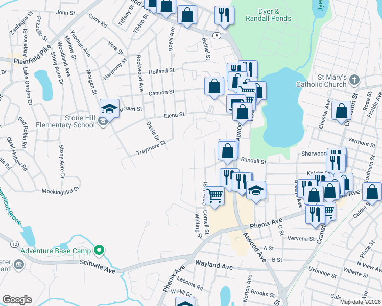 map of restaurants, bars, coffee shops, grocery stores, and more near 85 Whiting Street in Cranston
