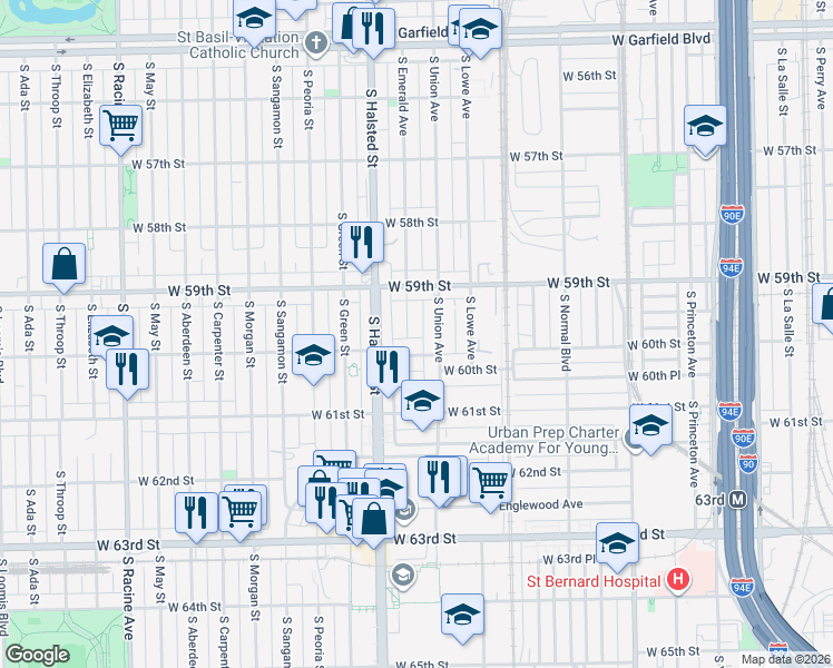 map of restaurants, bars, coffee shops, grocery stores, and more near 5949 South Emerald Avenue in Chicago