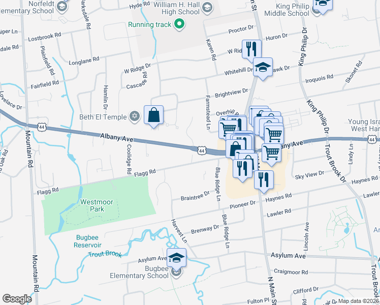 map of restaurants, bars, coffee shops, grocery stores, and more near 2587 Albany Avenue in West Hartford