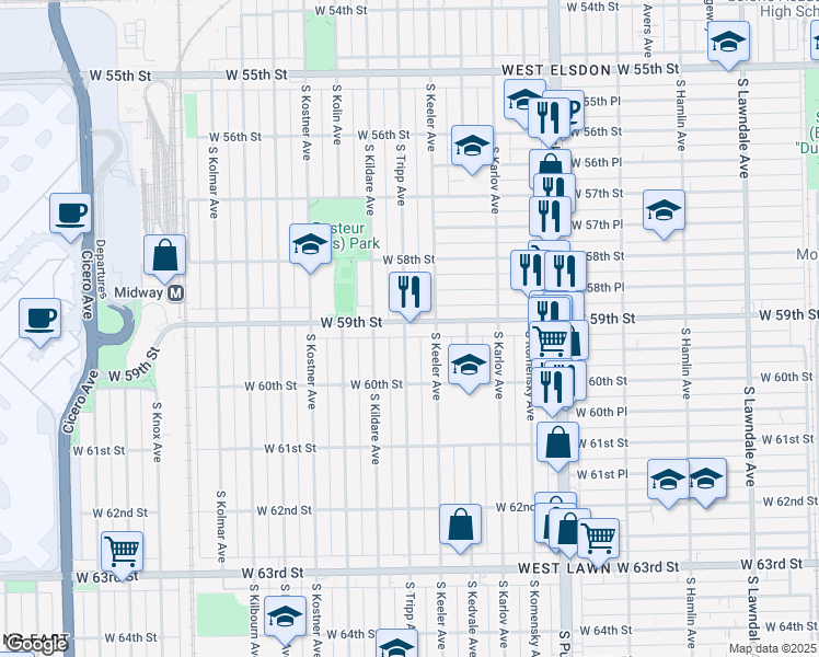 map of restaurants, bars, coffee shops, grocery stores, and more near 4225 West 59th Street in Chicago