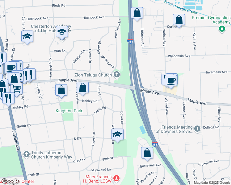 map of restaurants, bars, coffee shops, grocery stores, and more near 550 Columbine Avenue in Lisle