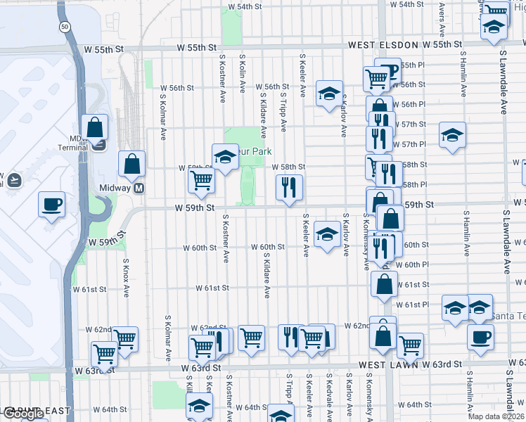 map of restaurants, bars, coffee shops, grocery stores, and more near 4301 West 59th Street in Chicago