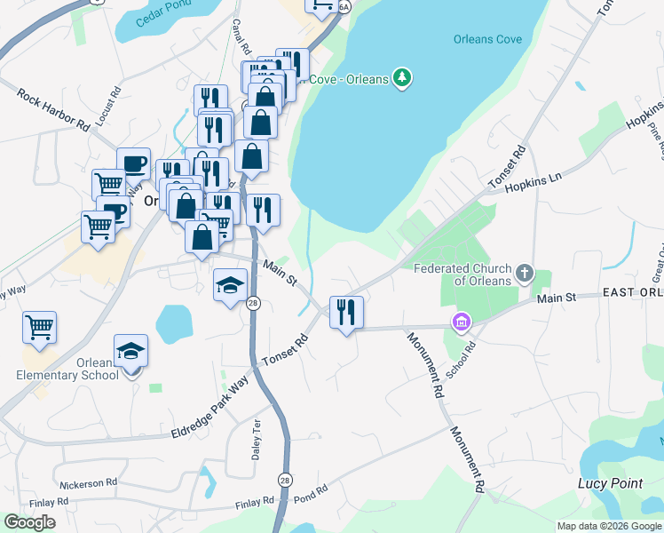 map of restaurants, bars, coffee shops, grocery stores, and more near 46 Tonset Road in Orleans