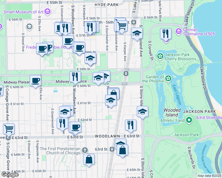 map of restaurants, bars, coffee shops, grocery stores, and more near 1407 East 60th Street in Chicago