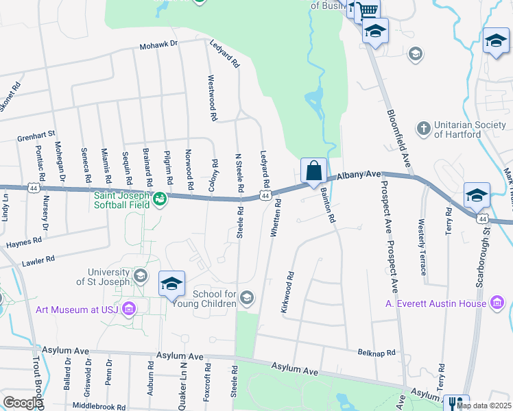 map of restaurants, bars, coffee shops, grocery stores, and more near 35 Stratford Road in West Hartford