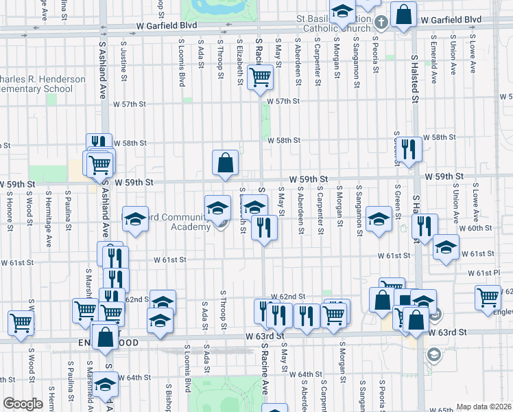 map of restaurants, bars, coffee shops, grocery stores, and more near 5949 South Elizabeth Street in Chicago