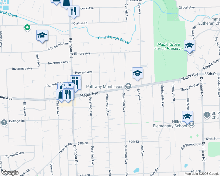 map of restaurants, bars, coffee shops, grocery stores, and more near 1910 Maple Avenue in Downers Grove