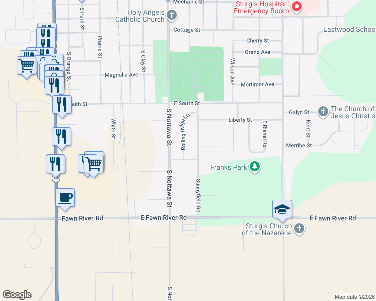 map of restaurants, bars, coffee shops, grocery stores, and more near 1425 Rolling Ridge Lane in Sturgis