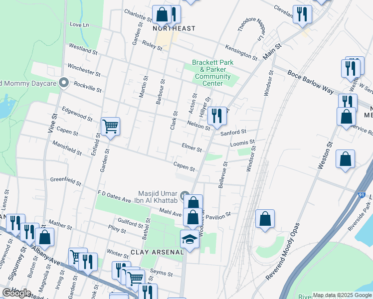 map of restaurants, bars, coffee shops, grocery stores, and more near 43 Elmer Street in Hartford