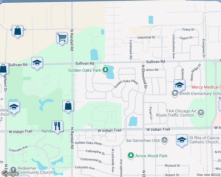 map of restaurants, bars, coffee shops, grocery stores, and more near 1461 Golden Oaks Parkway in Aurora