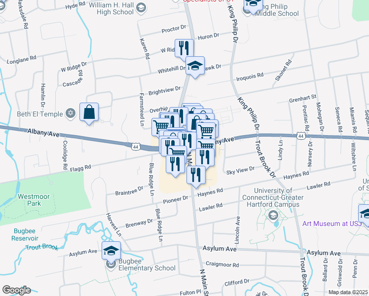 map of restaurants, bars, coffee shops, grocery stores, and more near 2550 Albany Avenue in West Hartford