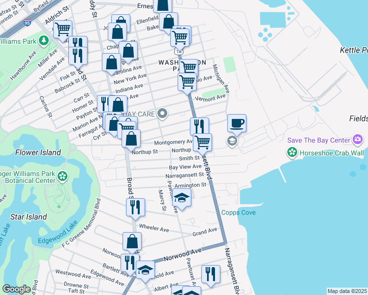 map of restaurants, bars, coffee shops, grocery stores, and more near 268 Northup Street in Cranston