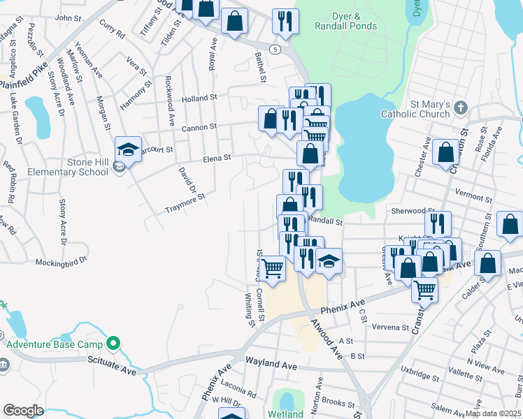 map of restaurants, bars, coffee shops, grocery stores, and more near 40 Cornell Street in Cranston