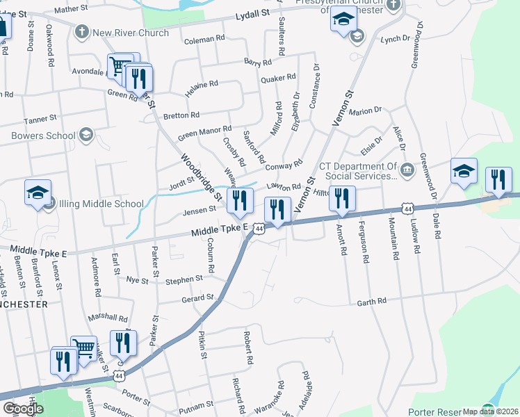 map of restaurants, bars, coffee shops, grocery stores, and more near 501 Middle Turnpike East in Manchester
