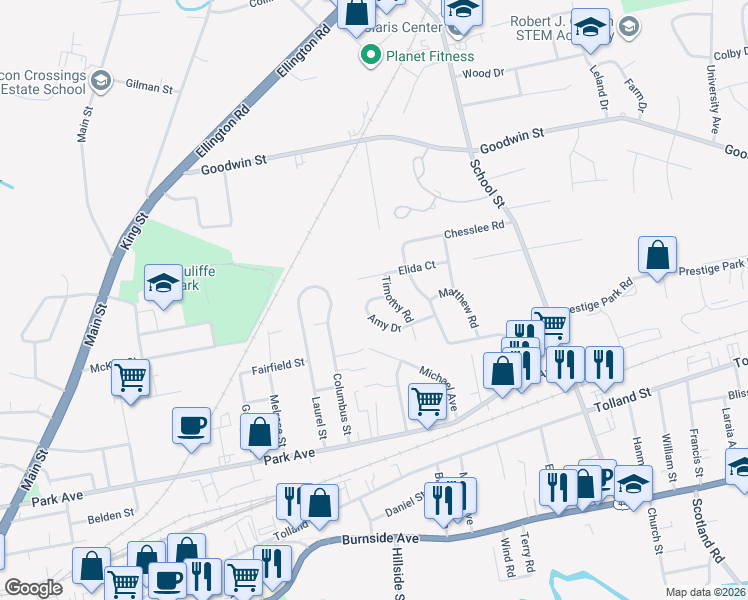 map of restaurants, bars, coffee shops, grocery stores, and more near 11 Amy Drive in East Hartford