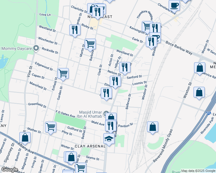 map of restaurants, bars, coffee shops, grocery stores, and more near 43 Elmer Street in Hartford