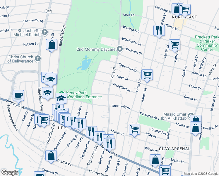 map of restaurants, bars, coffee shops, grocery stores, and more near 185 Vine Street in Hartford