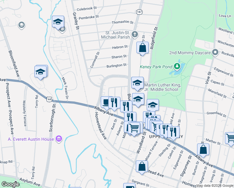 map of restaurants, bars, coffee shops, grocery stores, and more near 133 Kent Street in Hartford