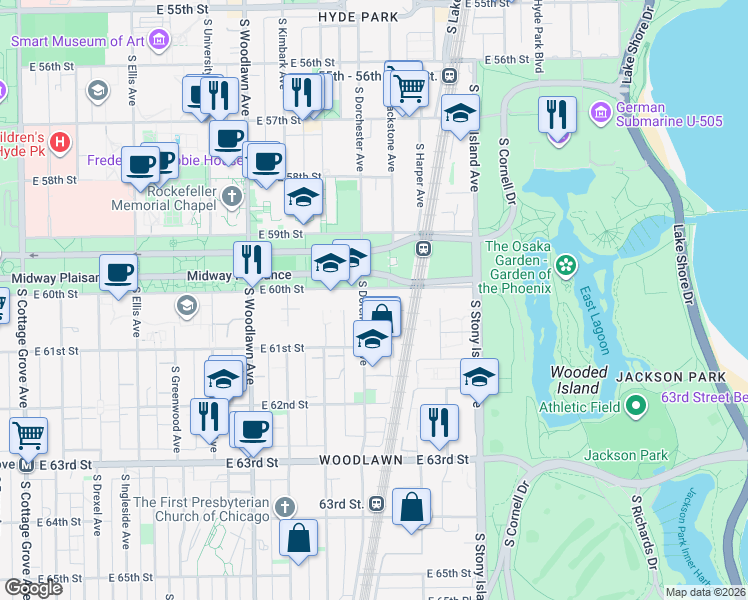 map of restaurants, bars, coffee shops, grocery stores, and more near 1407 East 60th Street in Chicago