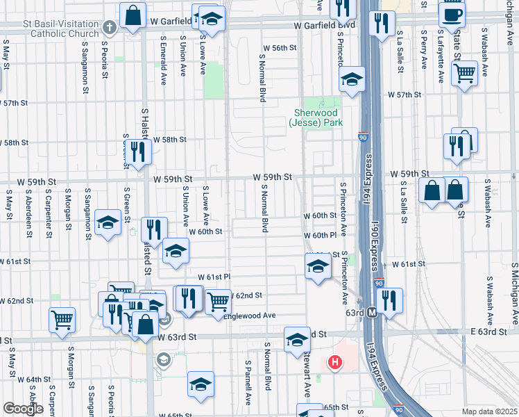 map of restaurants, bars, coffee shops, grocery stores, and more near 454 West 60th Street in Chicago