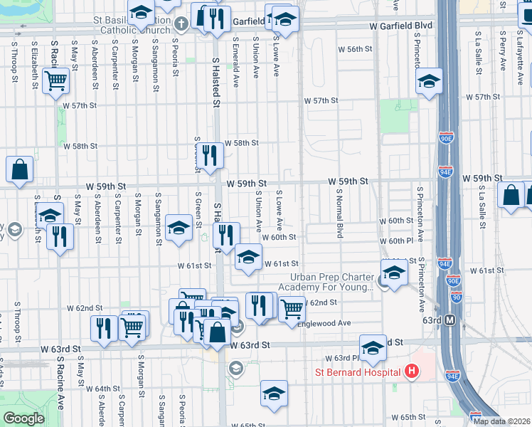 map of restaurants, bars, coffee shops, grocery stores, and more near 5953 South Union Avenue in Chicago
