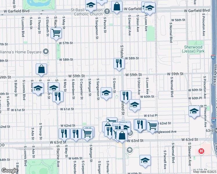 map of restaurants, bars, coffee shops, grocery stores, and more near 5952 South Green Street in Chicago