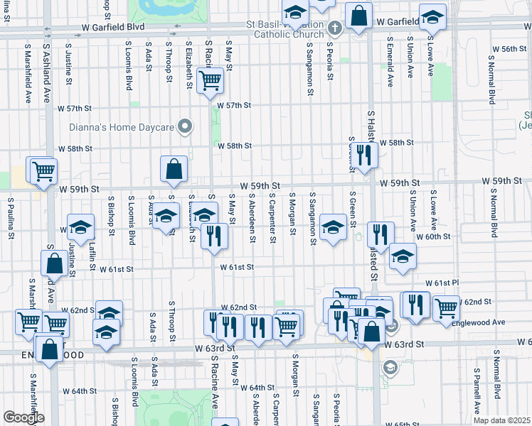 map of restaurants, bars, coffee shops, grocery stores, and more near 5947 South Carpenter Street in Chicago