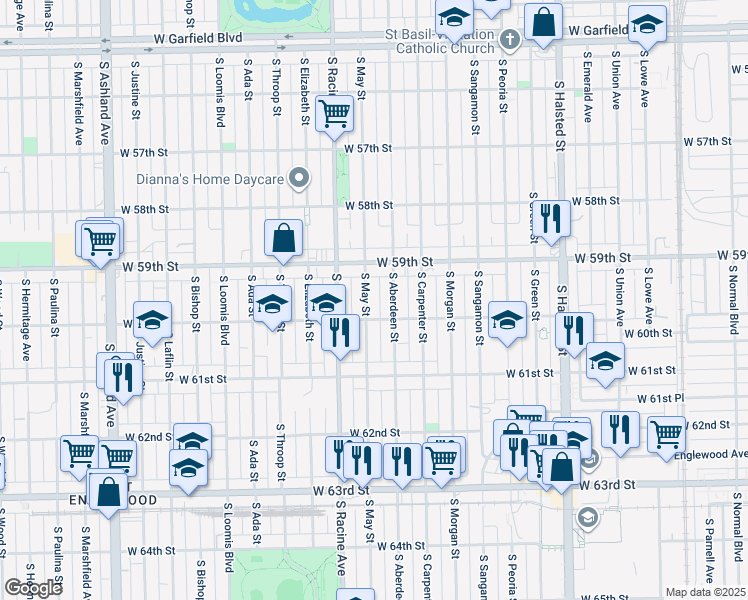 map of restaurants, bars, coffee shops, grocery stores, and more near 5950 South Aberdeen Street in Chicago