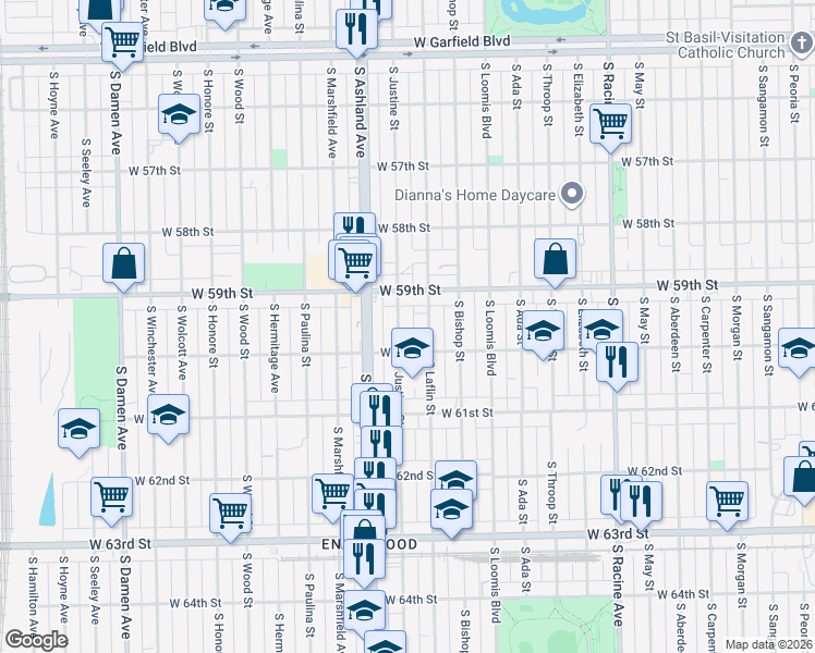map of restaurants, bars, coffee shops, grocery stores, and more near 5943 South Justine Street in Chicago