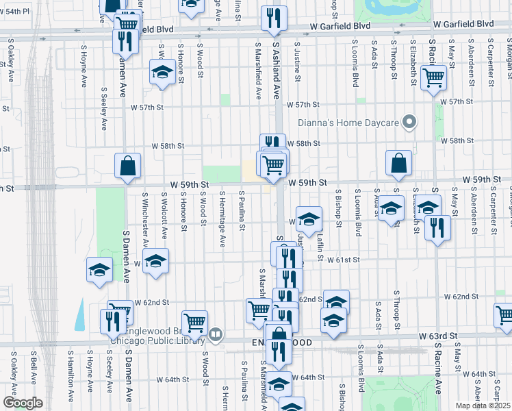 map of restaurants, bars, coffee shops, grocery stores, and more near 5940 South Marshfield Avenue in Chicago