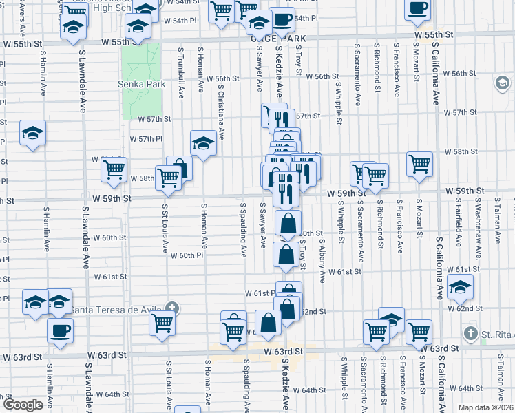 map of restaurants, bars, coffee shops, grocery stores, and more near 5922 South Sawyer Avenue in Chicago