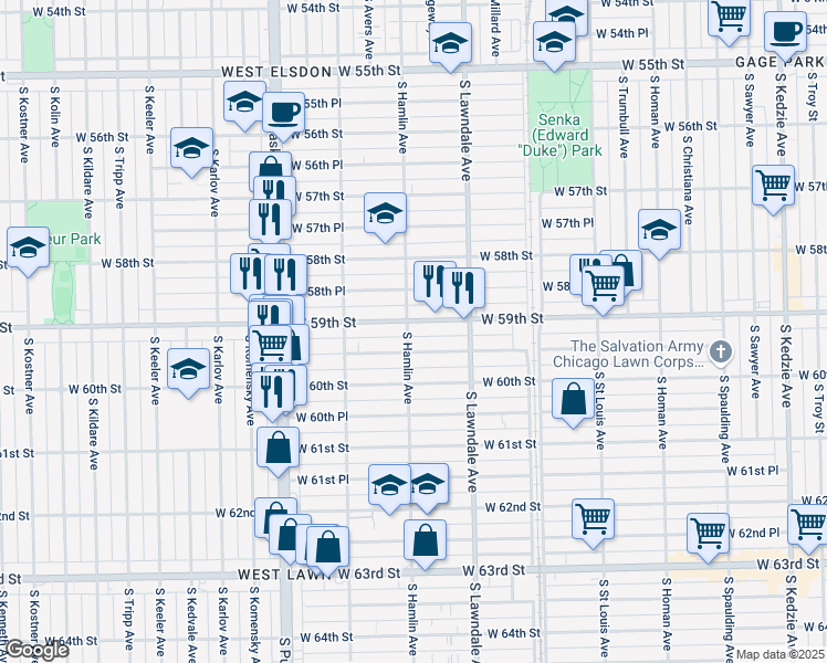 map of restaurants, bars, coffee shops, grocery stores, and more near 3808 West 59th Place in Chicago