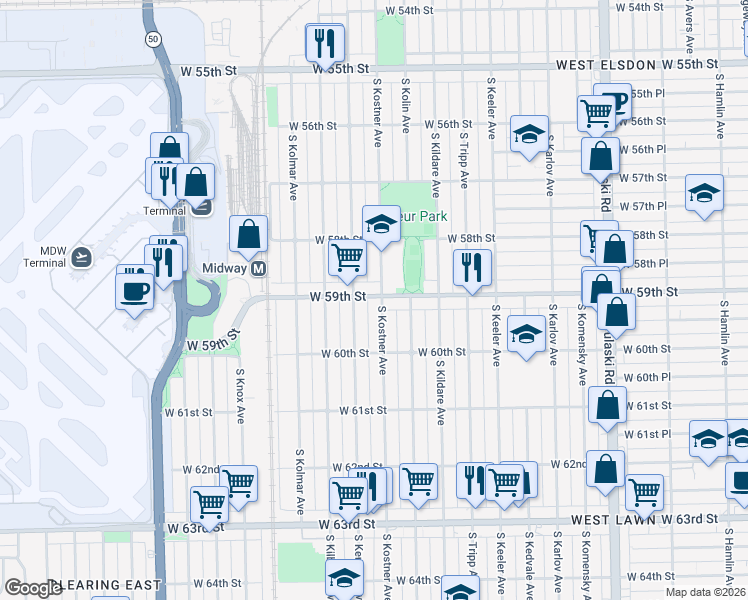 map of restaurants, bars, coffee shops, grocery stores, and more near 5911 South Kenneth Avenue in Chicago