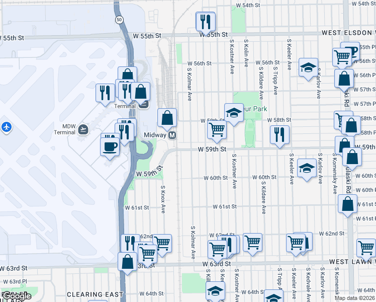 map of restaurants, bars, coffee shops, grocery stores, and more near 5906 South Kolmar Avenue in Chicago