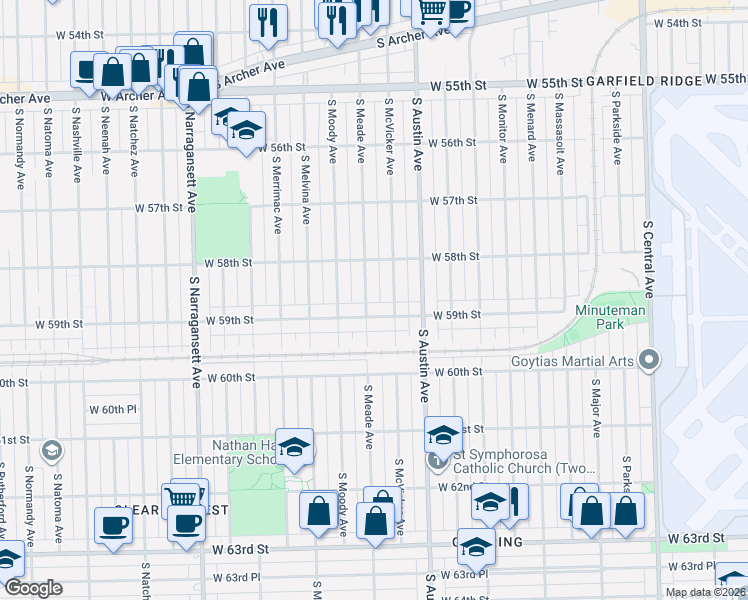 map of restaurants, bars, coffee shops, grocery stores, and more near 6056 West 59th Street in Chicago
