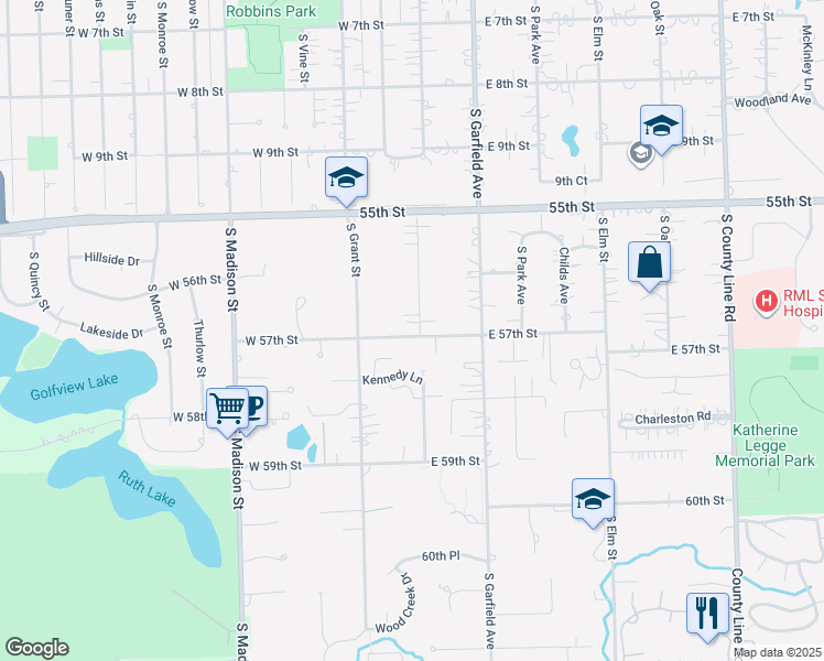 map of restaurants, bars, coffee shops, grocery stores, and more near 22 West 57th Street in Hinsdale