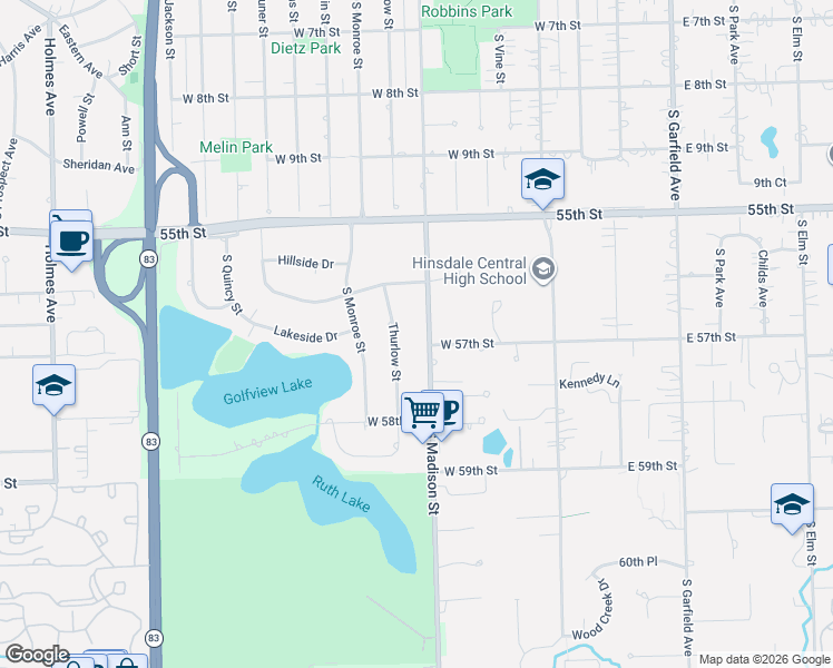 map of restaurants, bars, coffee shops, grocery stores, and more near in Hinsdale