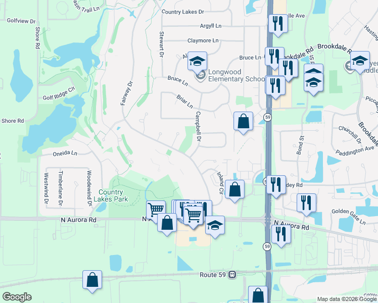 map of restaurants, bars, coffee shops, grocery stores, and more near 950 Campbell Drive in Naperville
