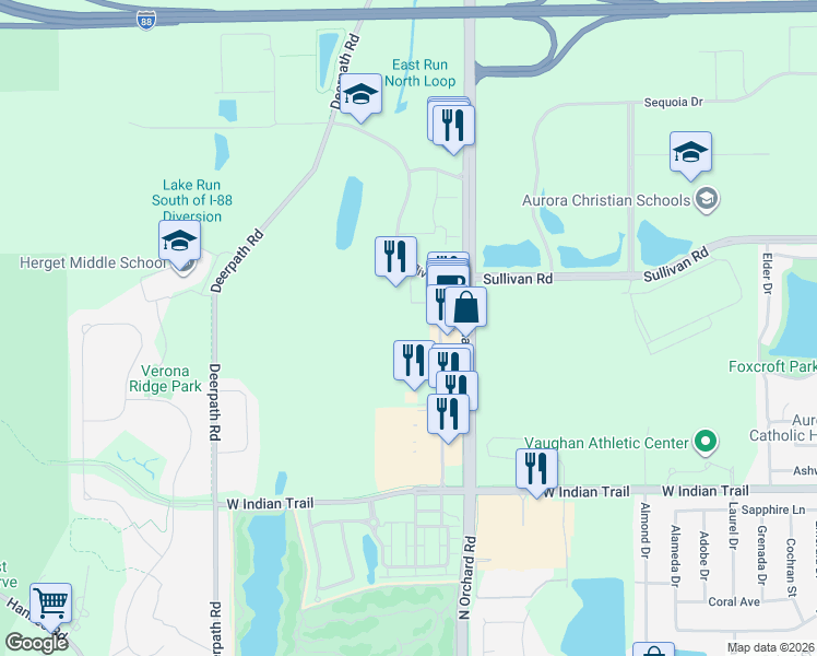 map of restaurants, bars, coffee shops, grocery stores, and more near 1480 North Orchard Road in Aurora