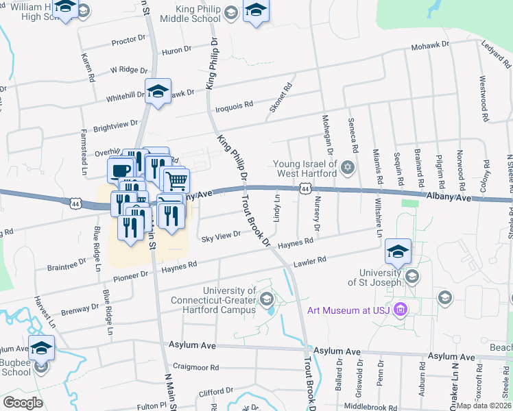 map of restaurants, bars, coffee shops, grocery stores, and more near 15 Lindy Lane in West Hartford