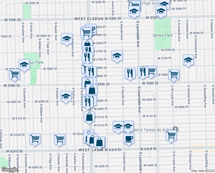 map of restaurants, bars, coffee shops, grocery stores, and more near 3848 West 59th Place in Chicago