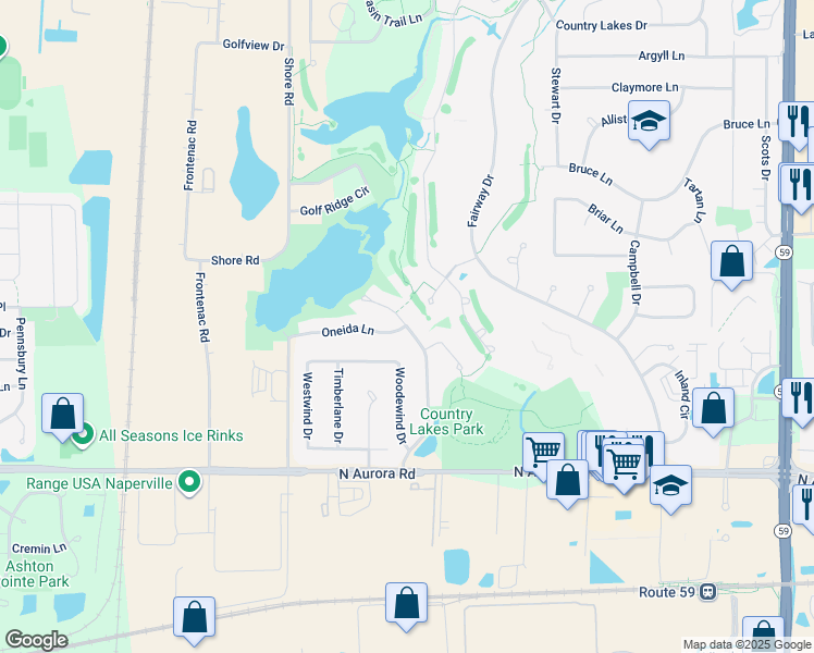 map of restaurants, bars, coffee shops, grocery stores, and more near 943 Genesee Drive in Naperville
