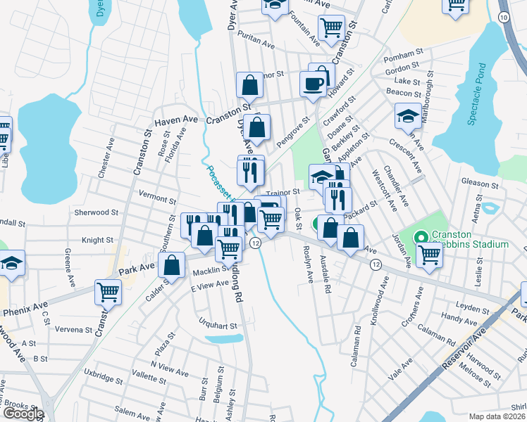map of restaurants, bars, coffee shops, grocery stores, and more near 13 Pine Street in Cranston