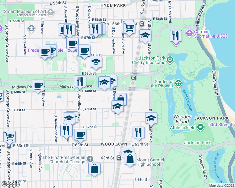 map of restaurants, bars, coffee shops, grocery stores, and more near 1407 East 60th Street in Chicago