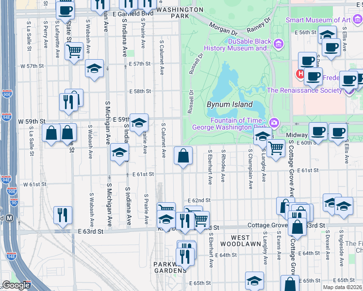 map of restaurants, bars, coffee shops, grocery stores, and more near 357 East 60th Street in Chicago