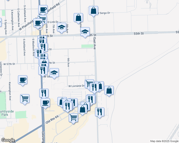 map of restaurants, bars, coffee shops, grocery stores, and more near 9618 West 58th Street in Countryside