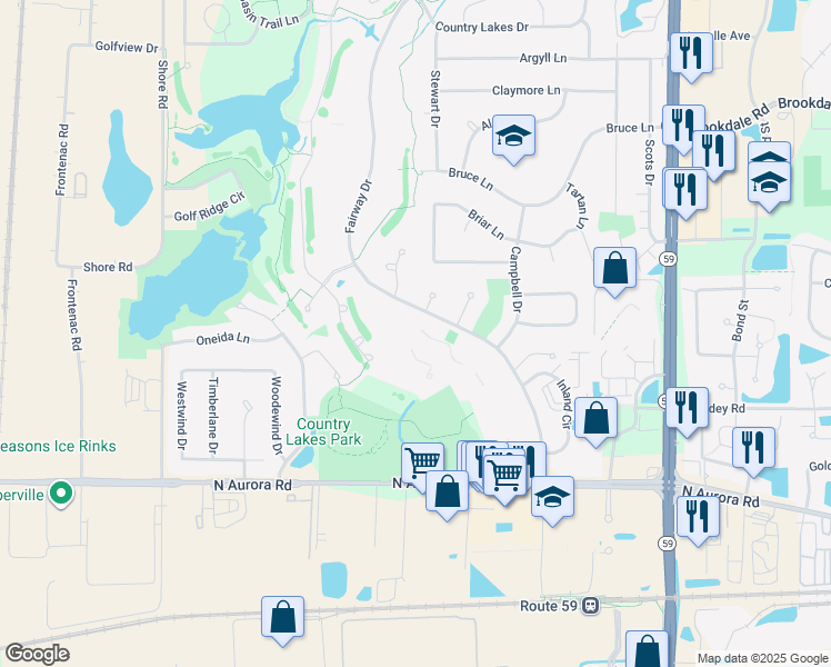 map of restaurants, bars, coffee shops, grocery stores, and more near 1000 Fairway Drive in Naperville