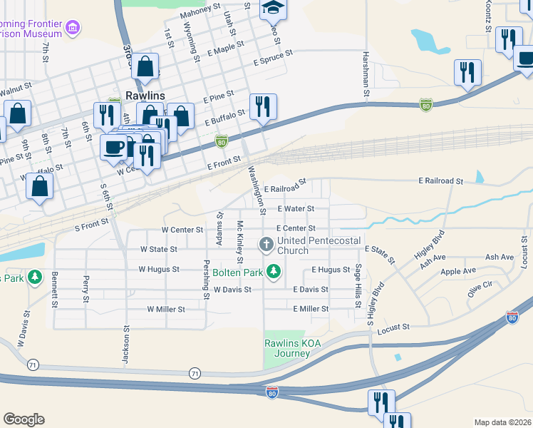 map of restaurants, bars, coffee shops, grocery stores, and more near 108 West Water Street in Rawlins