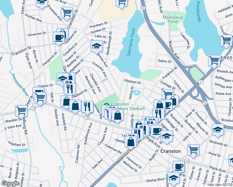 map of restaurants, bars, coffee shops, grocery stores, and more near 222 Crescent Avenue in Cranston