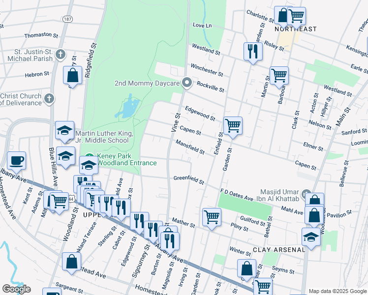 map of restaurants, bars, coffee shops, grocery stores, and more near 83 Mansfield Street in Hartford